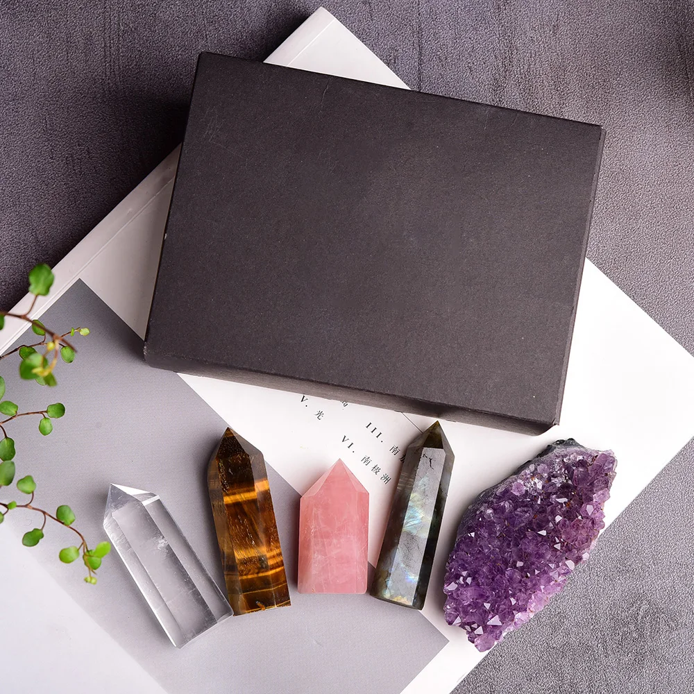 

1set Natural Rose quartz Hexagonal Column amethyst cluster Healing Wand Mineral Crystal point Study Home Decoration Stone