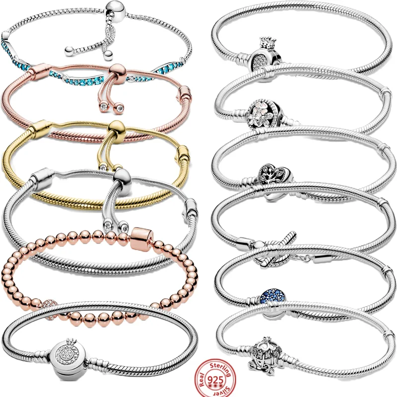 

Hot Sale 925 Sterling Silver Charm Blue Wavy Slider Bracelets Flower Crown Family Tree Snake Chain Bangle Women DIY Jewelry Gift