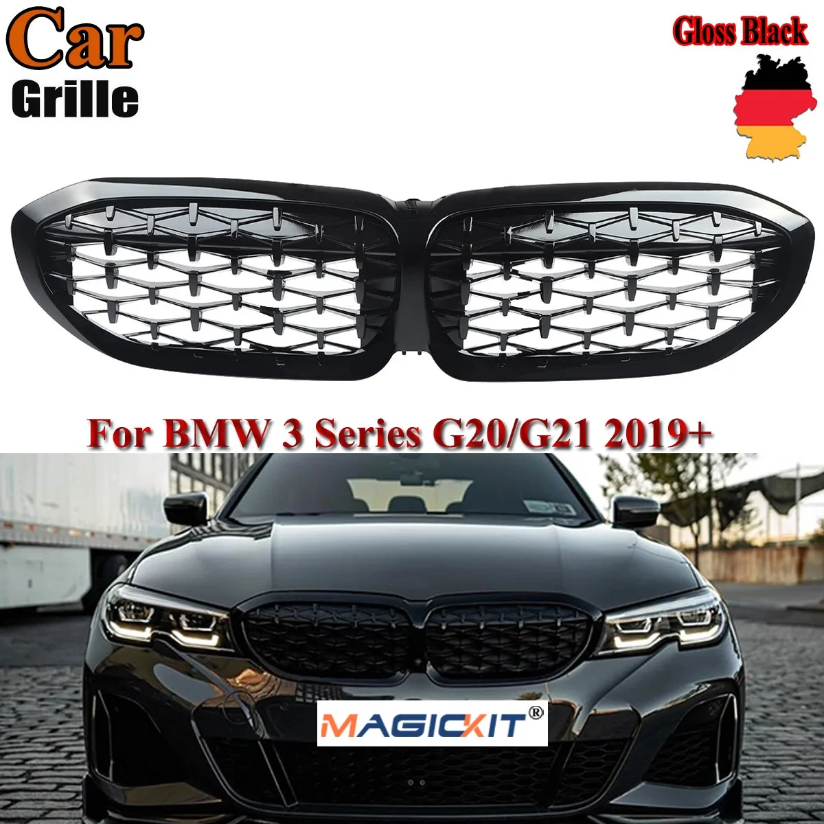 

Решетка MagicKit для BMW 3 серии G20, решетка для радиатора, Спортивная, 2019 + глянцевая, Черная
