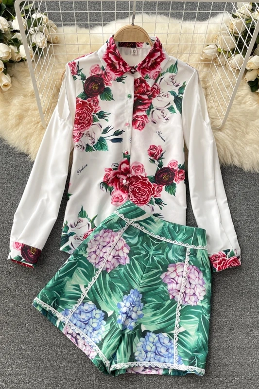 

Ladies temperament suit design sense printing long-sleeved shirt all-match high-waist wide-leg shorts two-piece suit