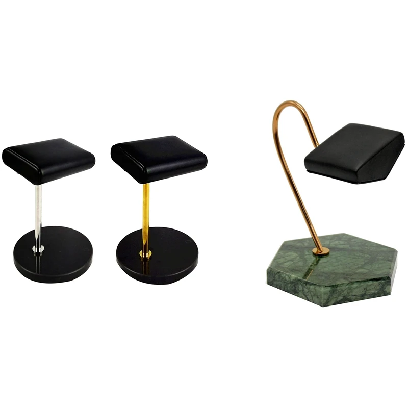 

2Pcs Black Marble Base Watch Stand & 1X Watch Display Stand Green Natural Marble Base Gold Metal Support Rod PU Bracket