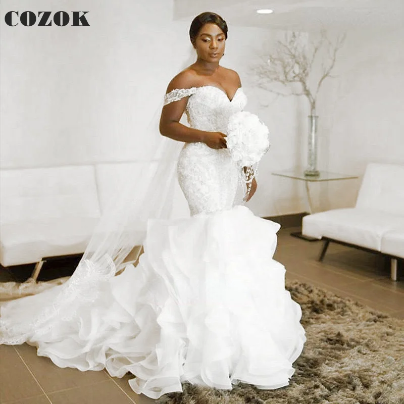 

Sexy Wedding Dresses for Women Mermaid Cap Sleeve Ruffle Train Tulle Lace Beading Crystal Long Formal Bridal Gowns CO139
