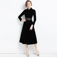 designer vintage women velvet dresses new winter fashion single breasted black long sleeve big swing elegant party dress