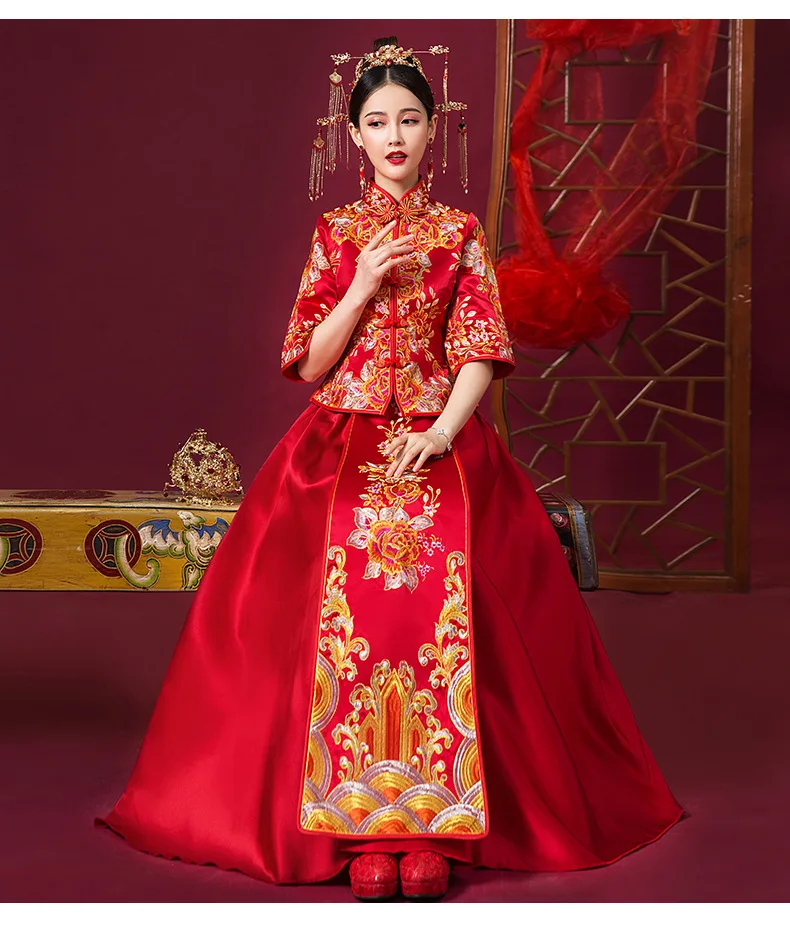 

FZSLCYIYI High Quality Flower Embroidery Long Marry Qipao Chinese Bride Dress Wedding Dress Retro Dress Chinese Cheongsam Dress