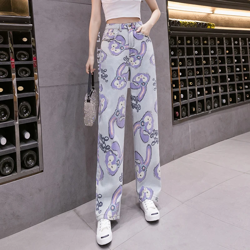 

High-waisted wide-leg jeans women's spring and autumn 2021 straight loose large size slim fashion printed denim long pants