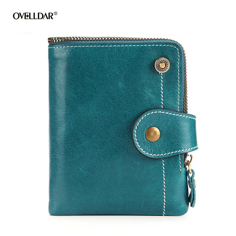RFID Woman Wallet Genuine Leather Short Wallet Oil Wax Cowhide Zipper Top Layer Cowhide Wallet