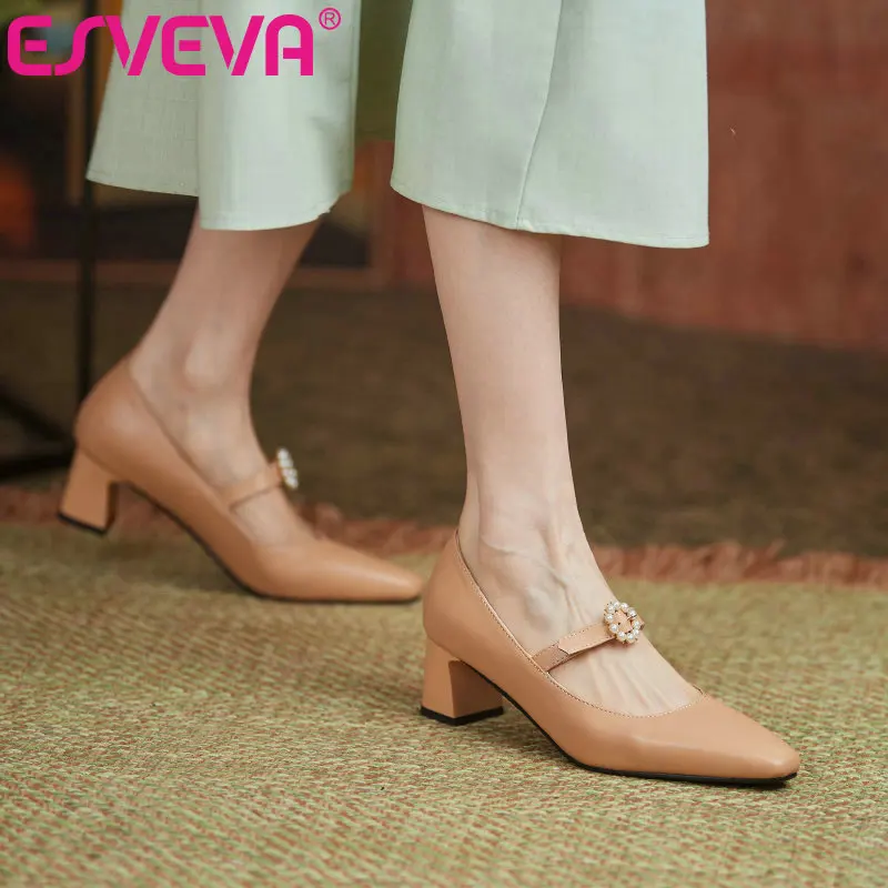 

ESVEVA 2021 Summer Square Med Heel Microfiber Elegant Women Pumps Pointed Toe String Bead Buckle Female Shoes Big Size 34-43