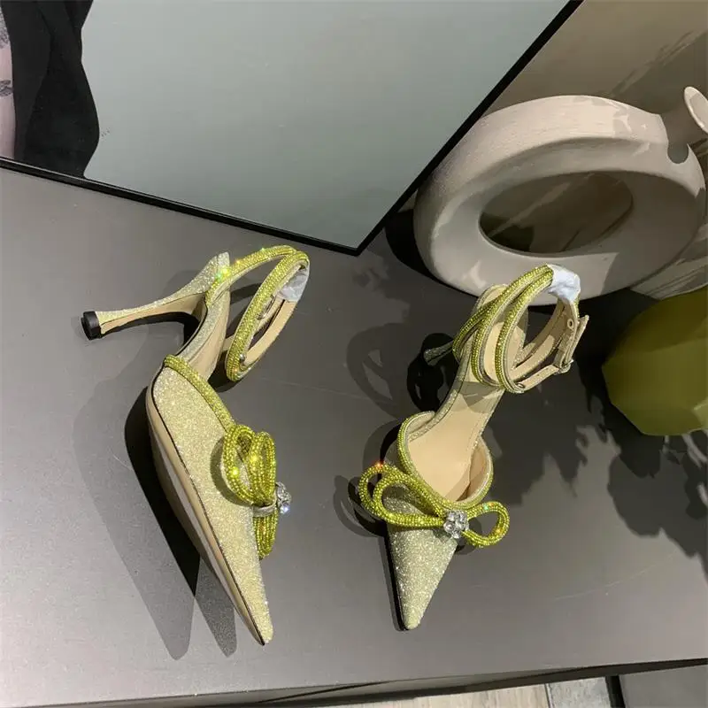 

2021 women's shoes 9 cm high heels Bling pointed toe silk party wedding women's shoes with rhinestone bow high quality luxury