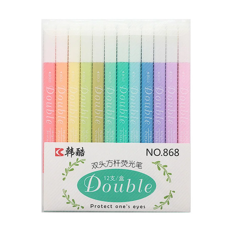 

12-color square-pole double-headed highlighter pen students use light color to draw key stationery and handbook color pen