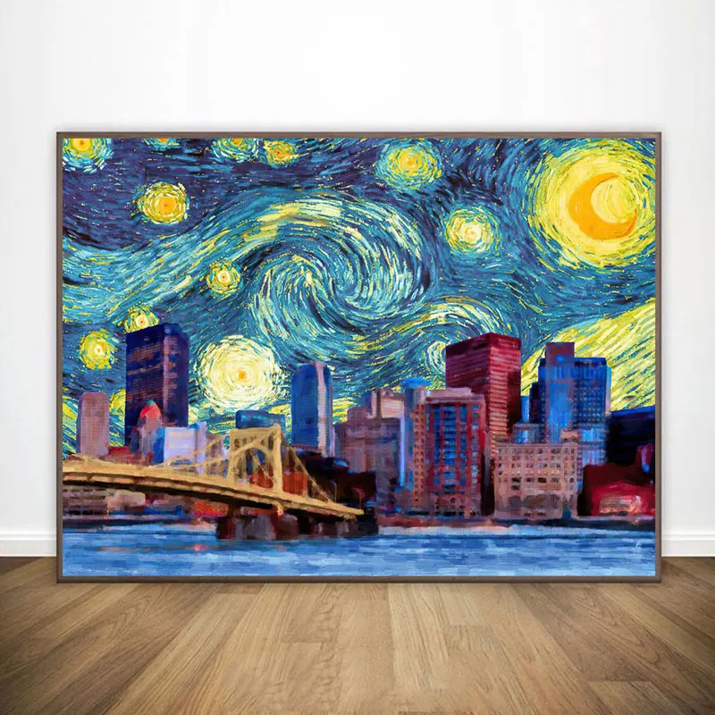 

Abstract Starry Night Landscape Canvas Poster Iron Tower Bridge Wall Art Print Decorative Picture Modern Living Room Decor