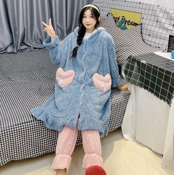 Albornoz largo Kawaii para ni&ntilde;os, conjunto de pijamas de algod&oacute;n, terciopelo, Coral, con dibujos animados, para Oto&ntilde;o e Invierno-3