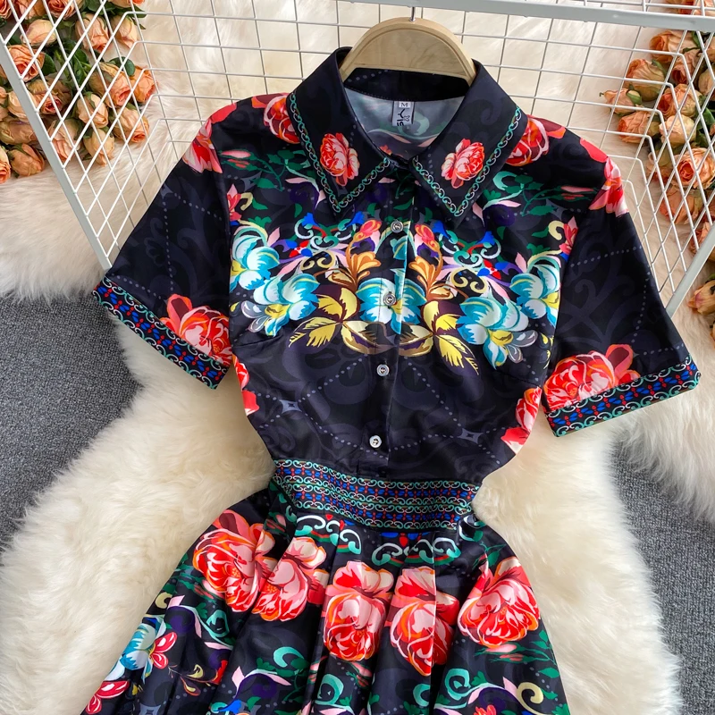 

YIZZHOY New Summer Elegant A Line Polo Collar Single Breasted Dresses Women Vintage Floral Print Button Short Lady Dress