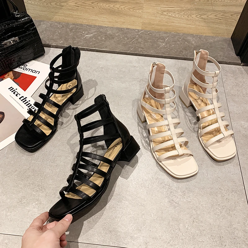 

Med Block Heels 2021 Sandals Black Shoes for Women Medium Chunky New Beige Comfort Fashion Girls Gladiator Clear Summer Casual B