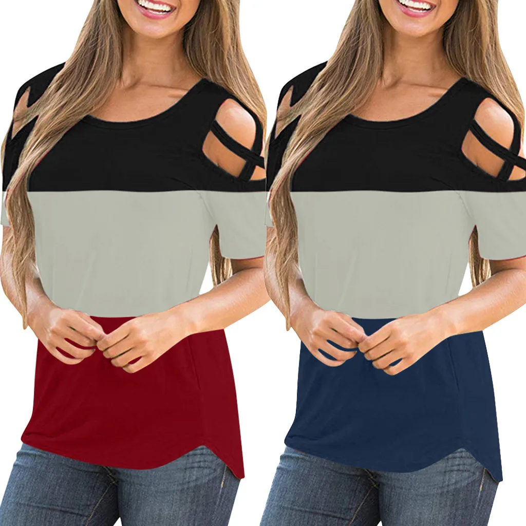 Женские блузки женские летние с коротким рукавом цветными блоками ремешками