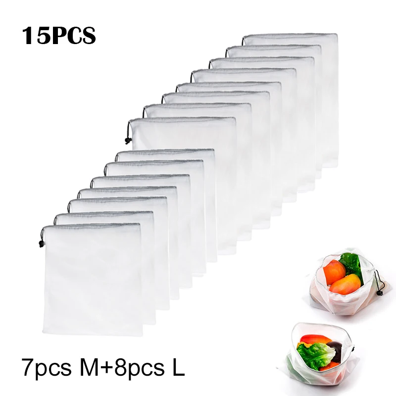 04 15pcs 15 шт многоразовые сетчатые мешки для овощей и фруктов, моющиеся экологически чистые сумки для хранения продуктов, игрушек, мелочей - Цвет: 04 15pcs