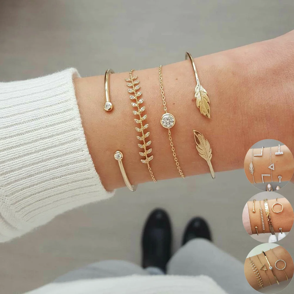 

YC-UPGO Bohemian Feather Crystal Beads Charm Bracelets Set For Women Fashion Tree Chain Link Bracelet Female Jewelry Gift