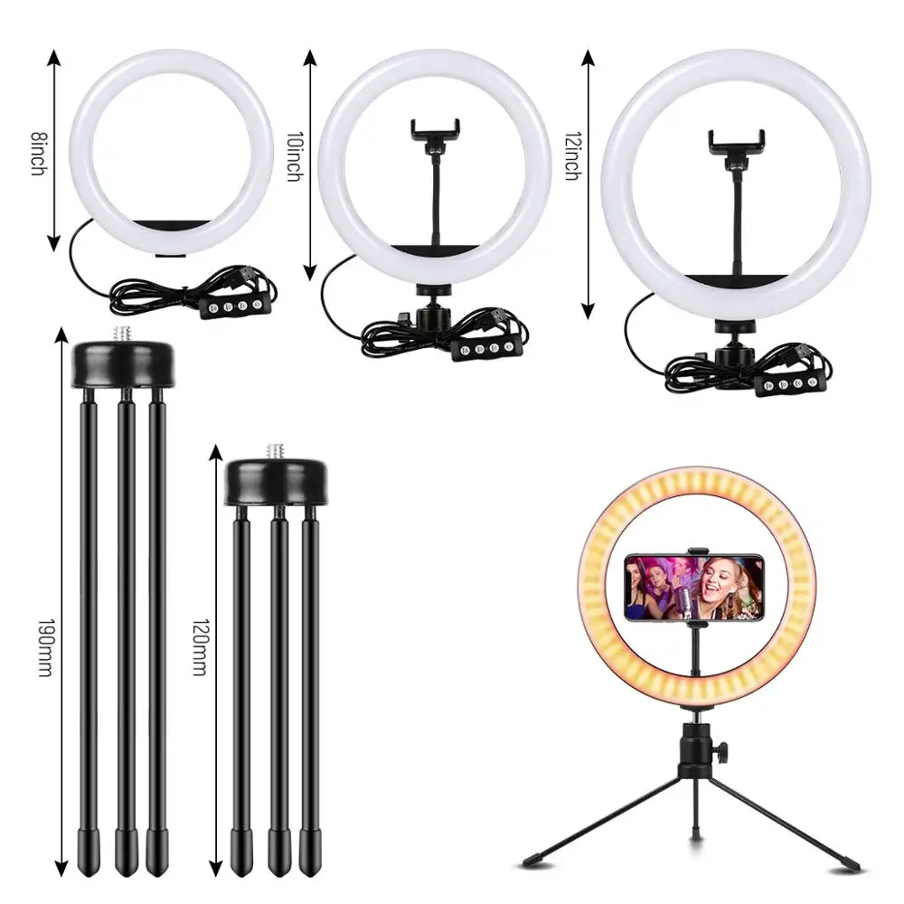 

Photography LED Selfie Ring Light Mini Tripods Dimmable Camera Phone Ring Lamp With Stand For Makeup Video Live Studio