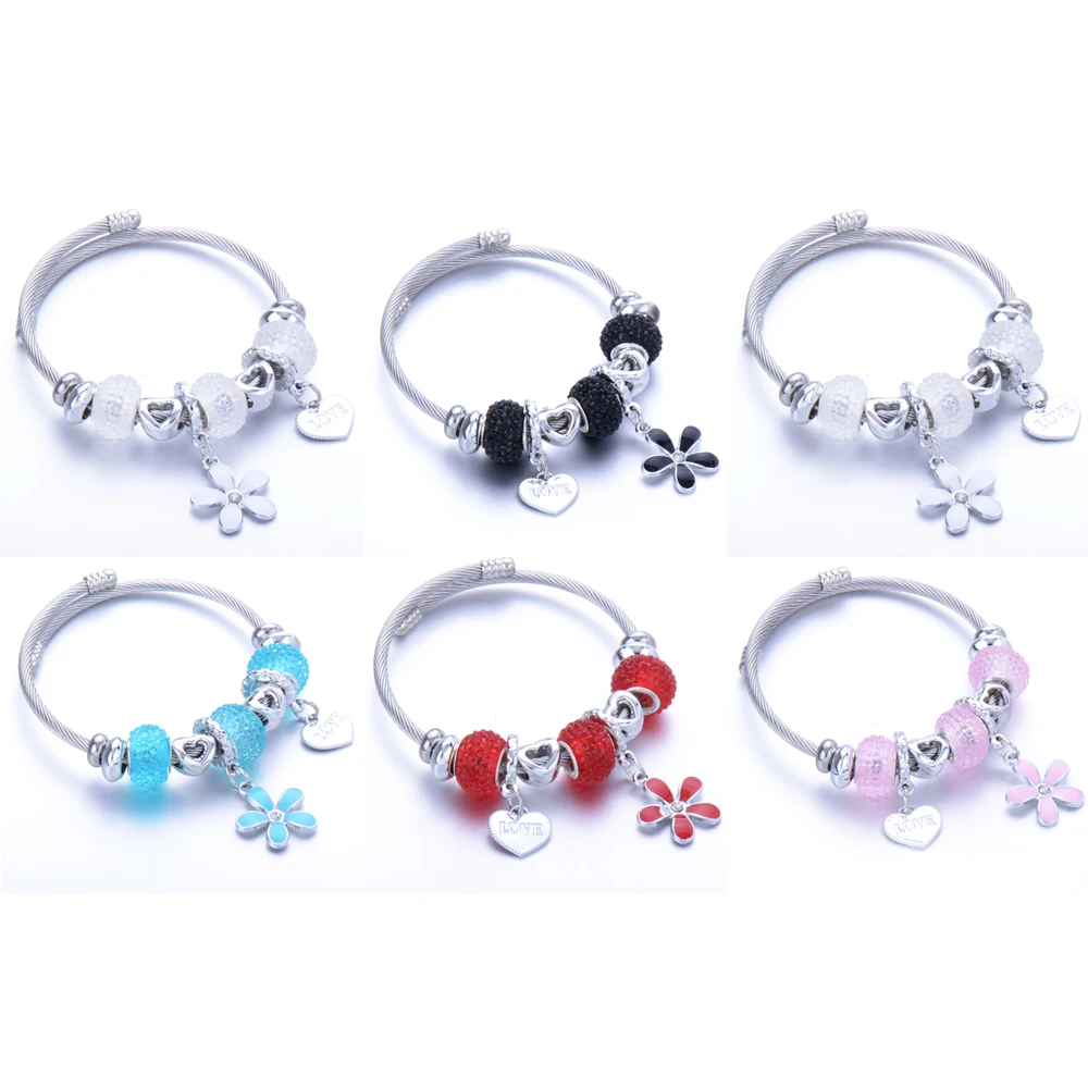 

2021 Charm Love Flowers Stainless Steel Bracelets Bangles For Women Flower Crystal Beads Love Bracelet & Bangle Romantic Jewelr