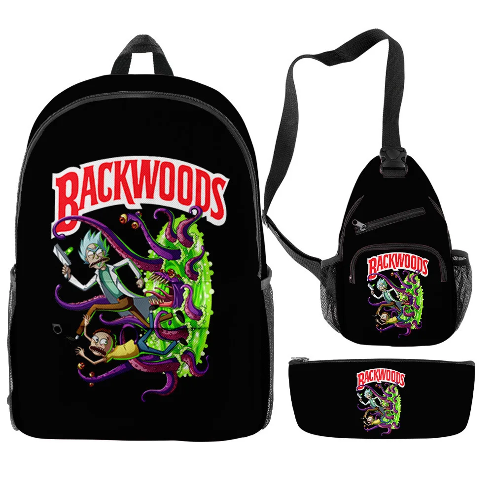 

Weysfor 3Pcs/Set Rick Morty Cartoon Print Backpack Casual BACKWOODS Women Men Graphic Daily Bag Cosplay Mochila Travel Schoolbag