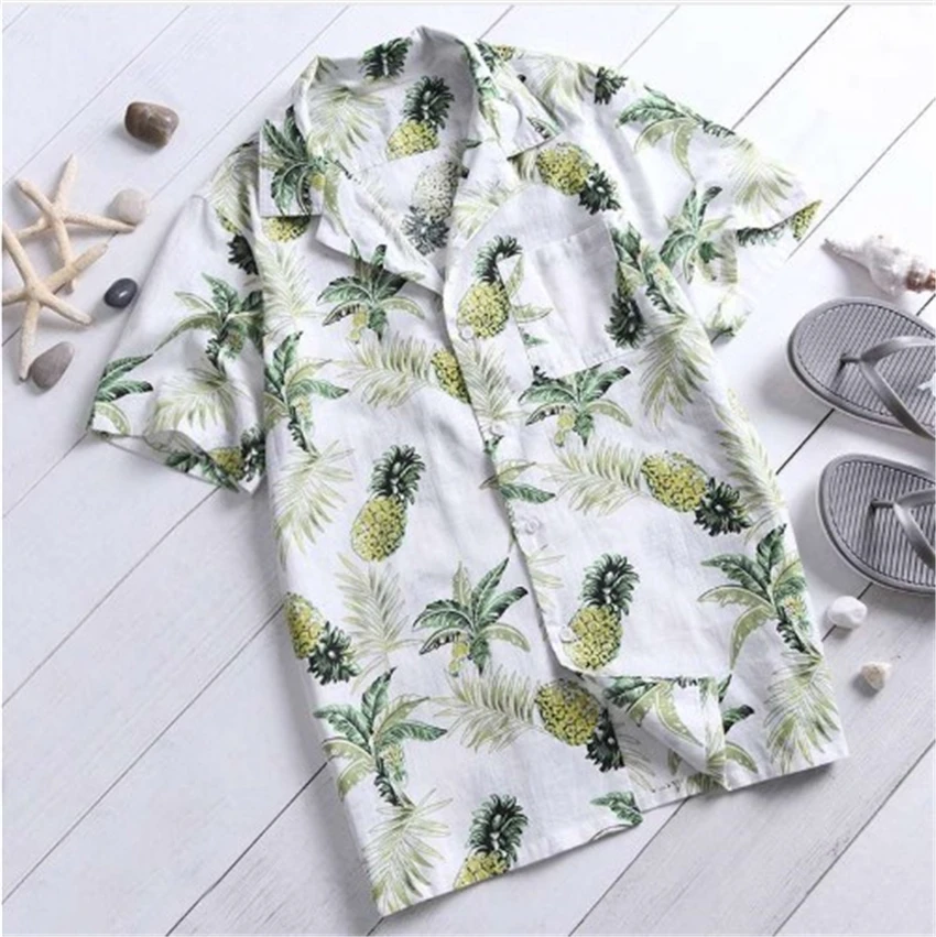 Summer Man Shirt Short Sleeve Men Pineapple Print Shirts 2020 New Top Stand Collar Cotton Loose Hawaiian | Мужская одежда