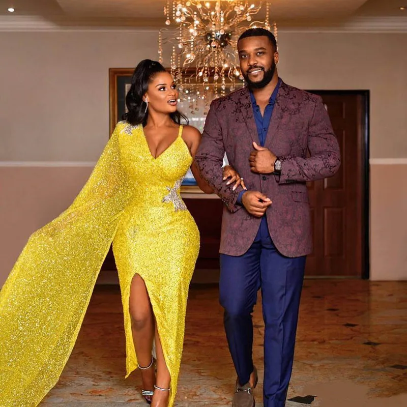 Aso Ebi 2019 блестящие Сексуальные вечерние платья в арабском и желтом цвете на тонких