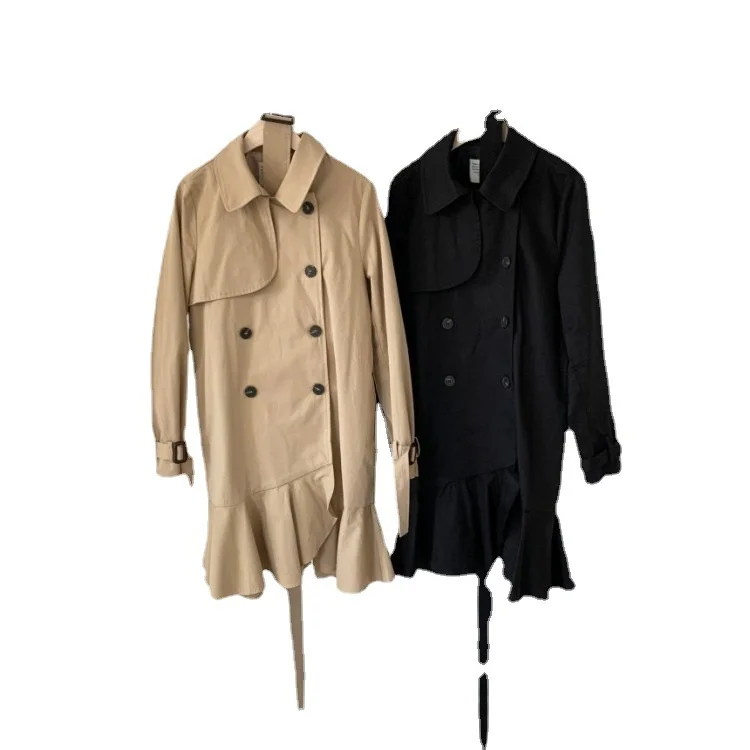

IEQJ Women Black Temperament Pleated Sashes Trench New Lapel Long Sleeve Loose Fit Windbreaker Fashion Spring Autumn 2021 3F1620