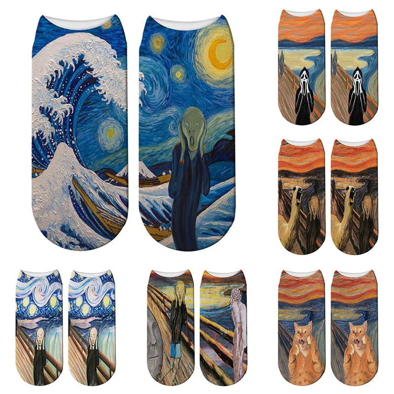 Новые женские хлопковые носки с 3D принтом художественным рисунком Ван Гога