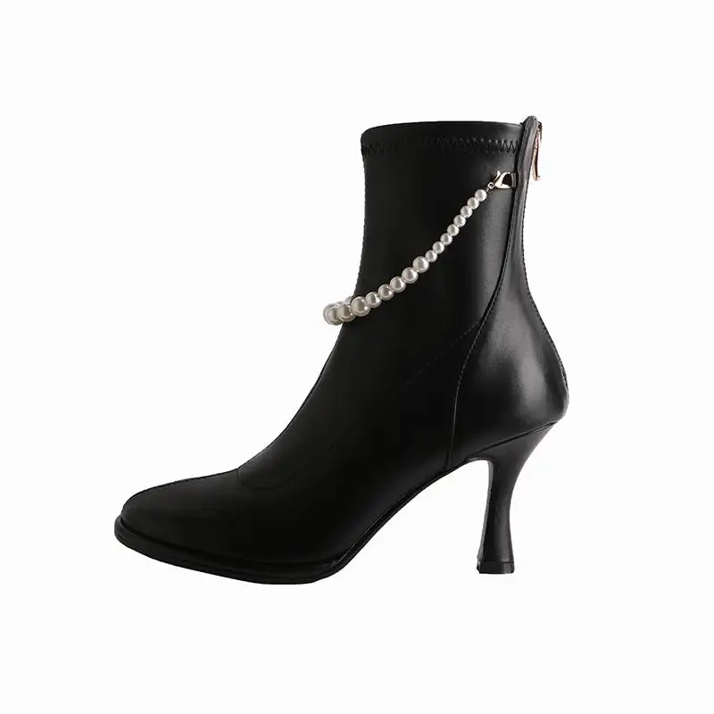 

krazing pot microfiber round toe Chelsea boots zipper pearl pendant chains keep warm solid thin high heels stretch ankle boots