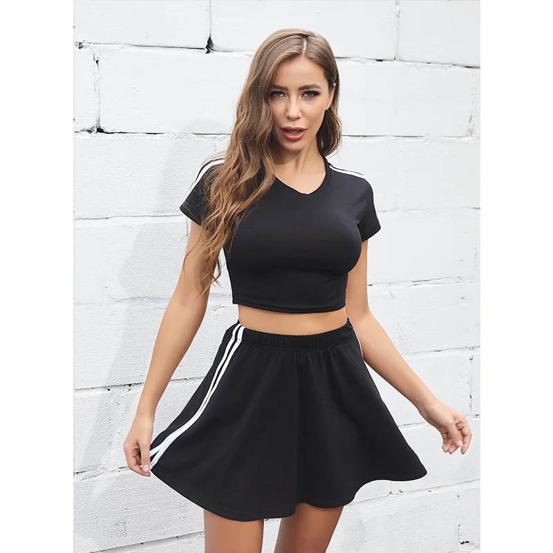 

Women Summer Solid Color Two-Piece Sports Suit V Neck Short Sleeve T Shirts Short Skirt Suits Casual Outfit Fitness Tracksuit