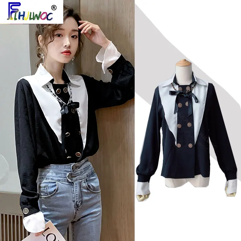 Блузка женская с длинным рукавом на пуговицах бантом|Блузки| |