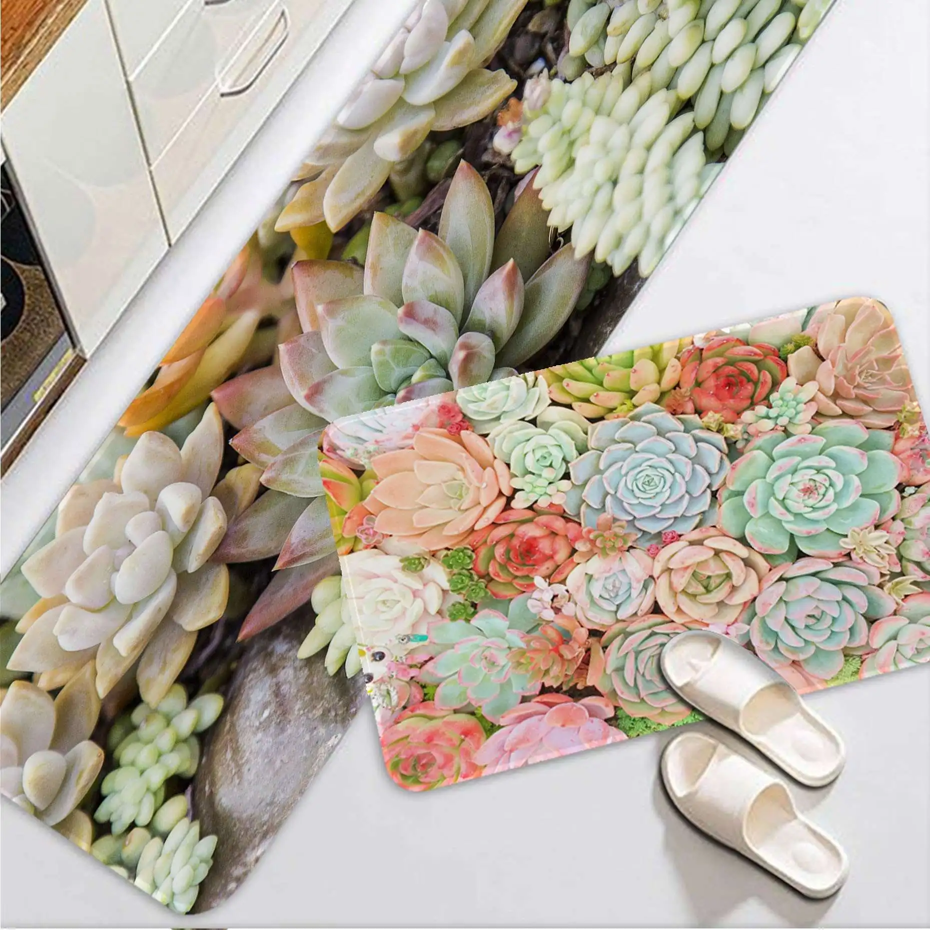 

Ins Succulent Flowers Printed Flannel Floor Mat Bathroom Decor Carpet Non-Slip For Living Room Kitchen Welcome Doormat