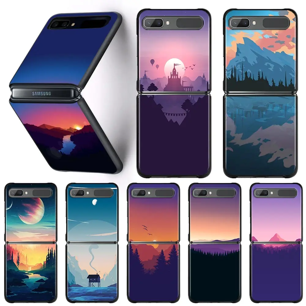 

Black Phone Case For Samsung Galaxy Z Flip3 5G Z Flip Hard PC Cover Smartphone Capa Mountain Sunset