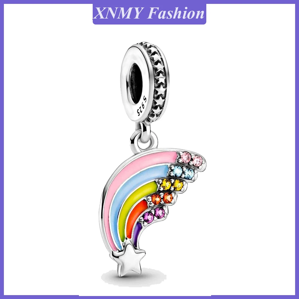 

XNMY Silver Color Colourful Rainbow Dangle Charm Pendant Beads fit Original Pandora Charms Bracelet DIY Women Jewelry Making