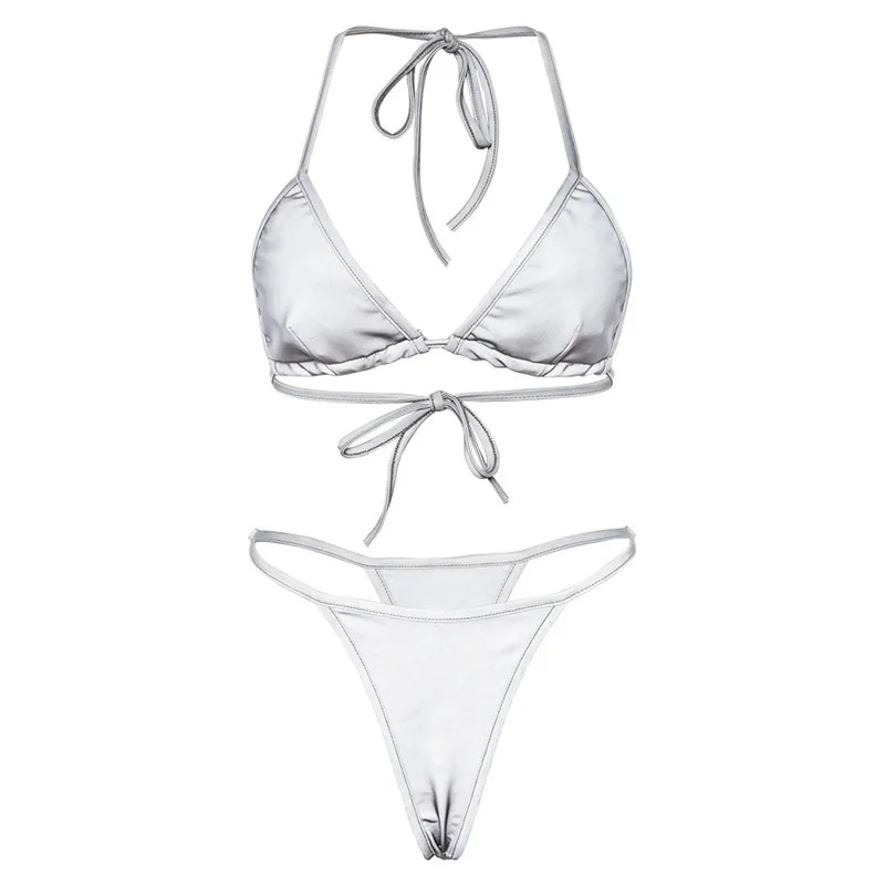 silver 2 piece set Adogirl Светоотражающий Комплект бикини женский сексуальный костюм из двух предметов бюстгальтер с бретельками Топ Стринги Ночная версия бассейн пляжный купальник Модный Купальник - Цвет: silver 2 piece set