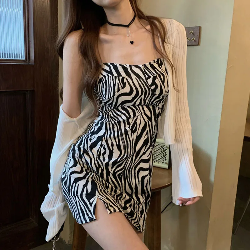 

Abrini Dress Sexy Leopard Tank Spaghetti Strap Dress O-neck Sleeveless Evening Party Skinny Bodycon Zebra Stripes Split Dress