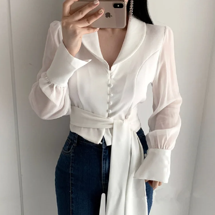 Модная сетчатая сплайсинговая рубашка для женщин с длинным рукавом тонкие топы