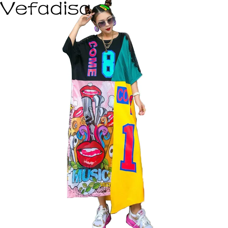 

Vefadisa Plus Size Long Dress Graffiti Print Women Dress 2021 Lace Patchwork Summer Asymmetrical Dress White Black QYF2690