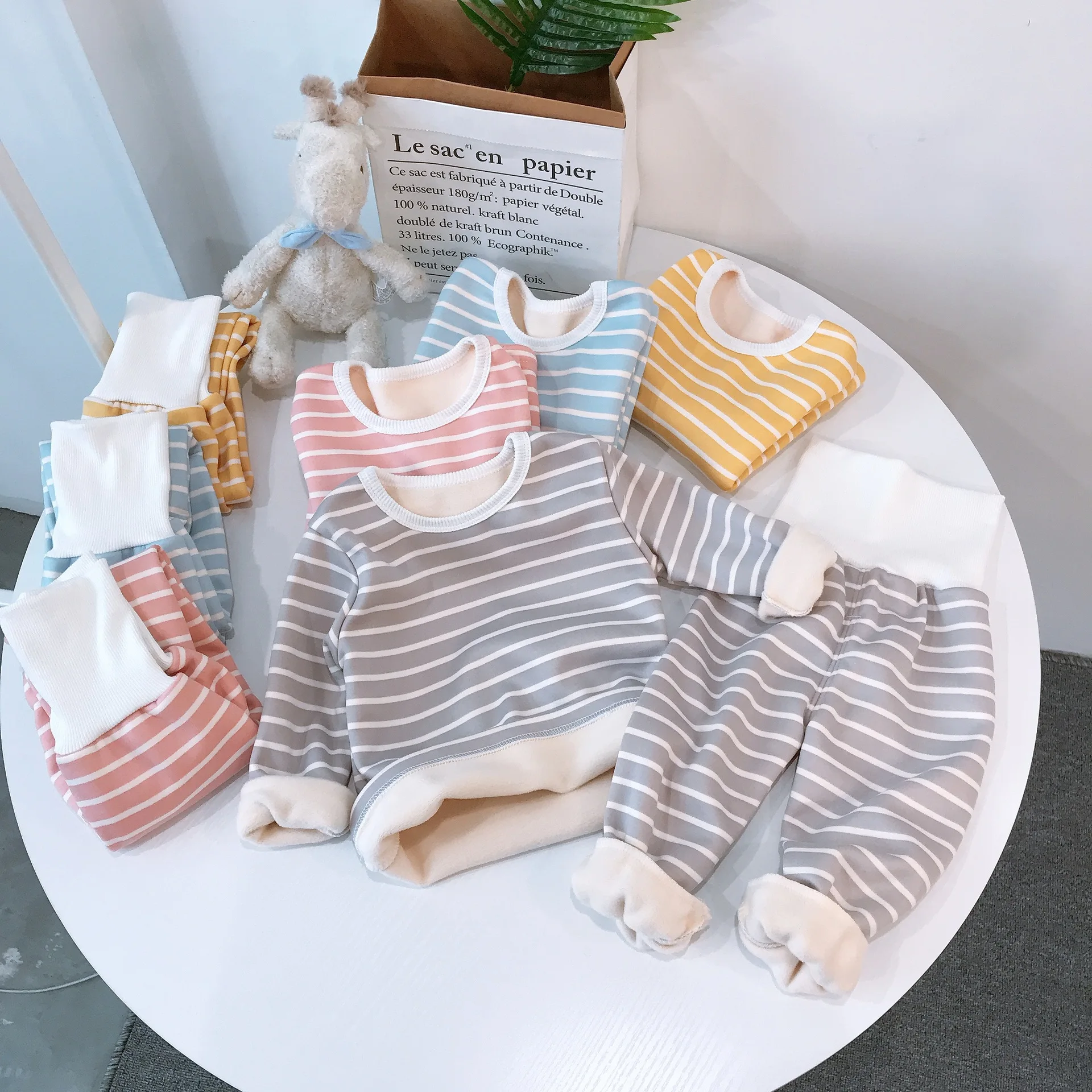 

Baby clothes new striped home service suit autumn winter baby boy plus velvet thicken warm 2 pieces baby girl casual cotton suit