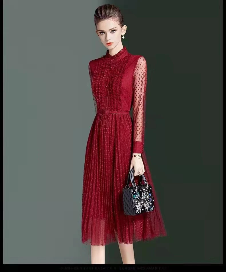 

Top Quality New 2022 Spring Dress Women Sweetheart Patterns Ruffle Deco Long Sleeve Mid-Calf Length Red Black Sexy Mesh Dress