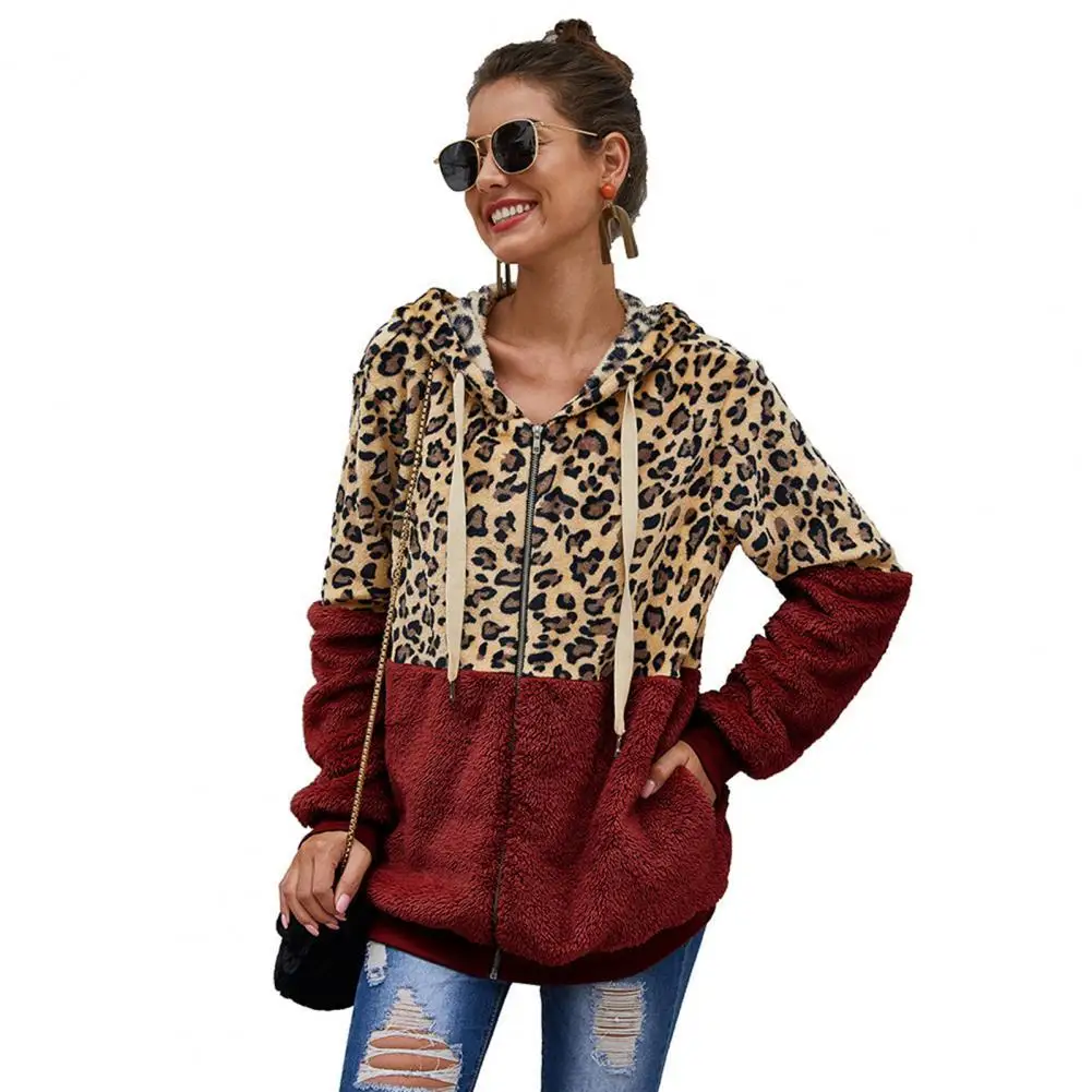 

Women Zipper Sweatshirt Leopard Patchwork Hooded Autumn Winter Long Sleeve Zipper Two Pockets Warm Hoodie Top Autumn Sweatshirt
