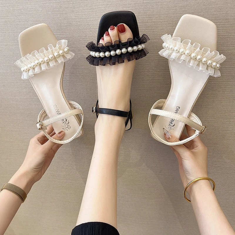 

Women's 2021 Summer New String Bead Strap High Heels Female Buckle Strap Party Square Heel Sandals Ladies Hot Sale High-heeled