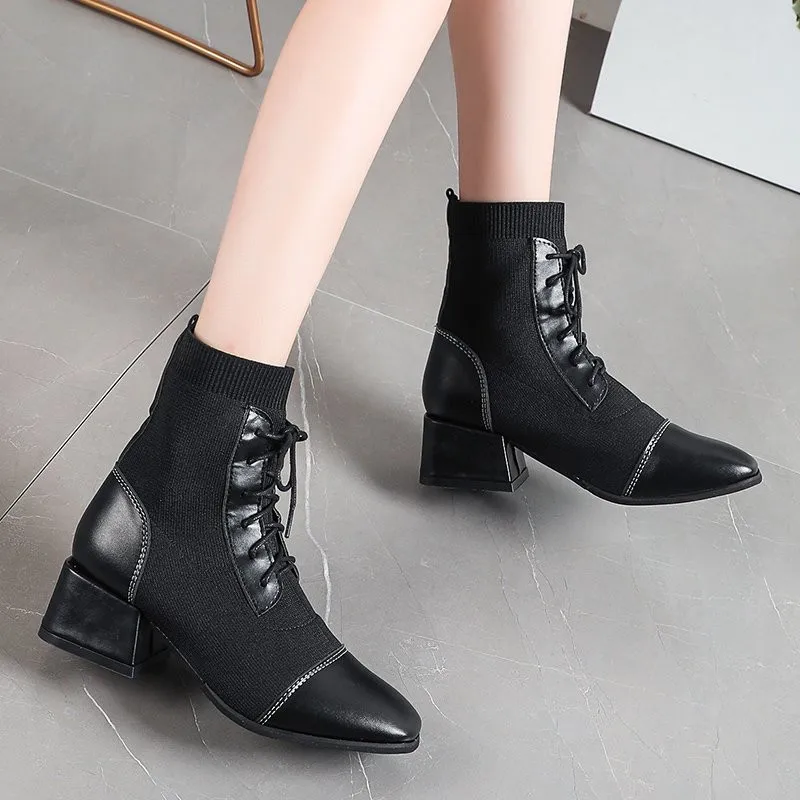 2020 Autumn Fashion Women Boots Black Pointed Toe Elastic Knitted Ankle Boots Heels Shoes Lace-up Female Socks Boots Zapatos