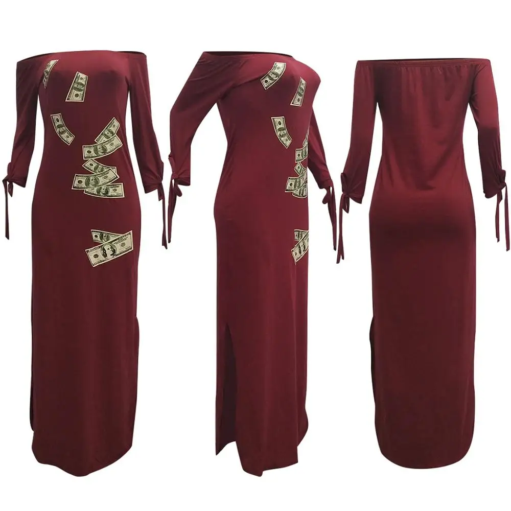 

Echoine Casual Dollars Print Offer Shoulder Loose Dress Fashion Three Quarter Sleeve Side Slipt Ankle Length Maxi Dress Daily