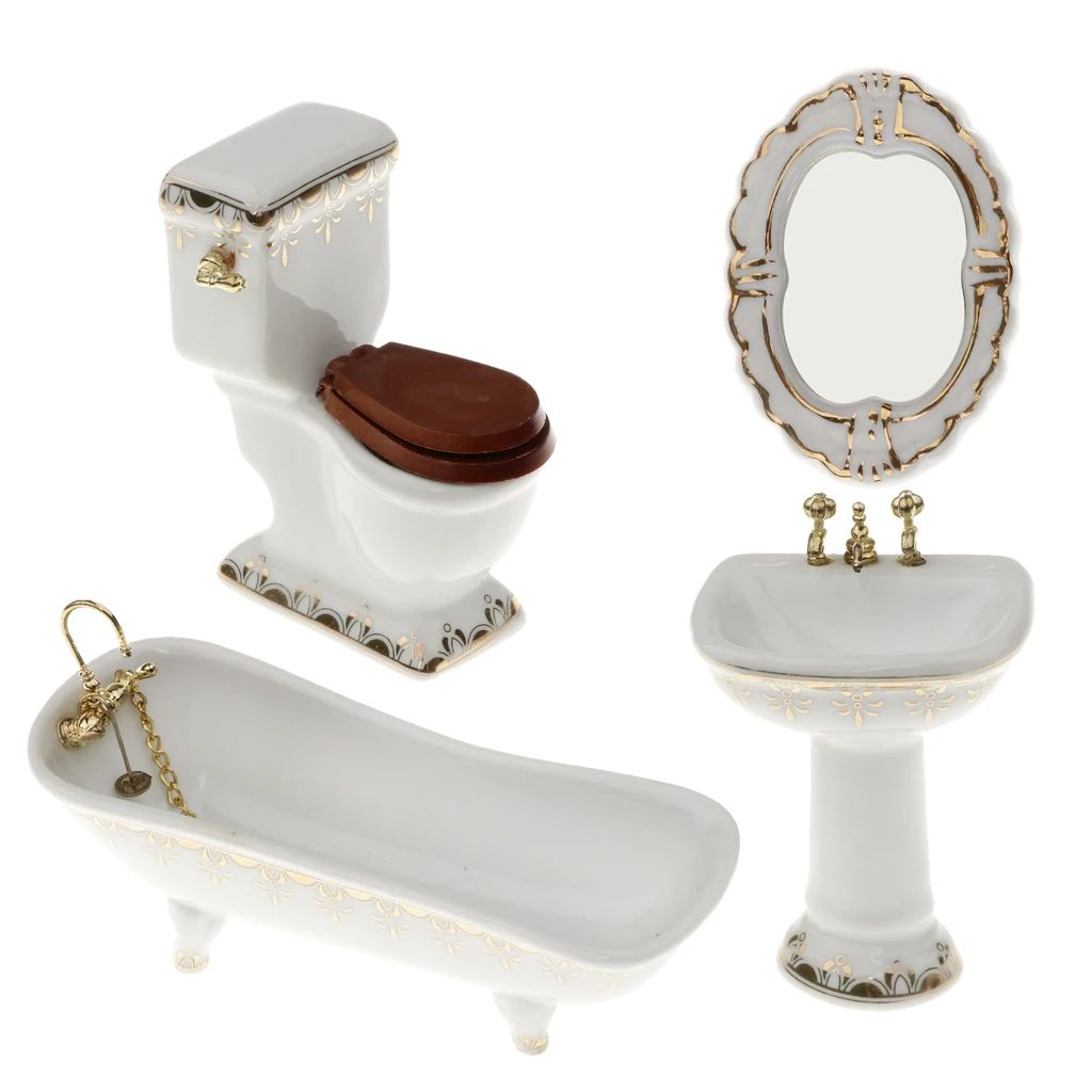 

4pcs White Ceramic Bathroom Set Furniture 1/12 Dollhouse Miniature Kits #1