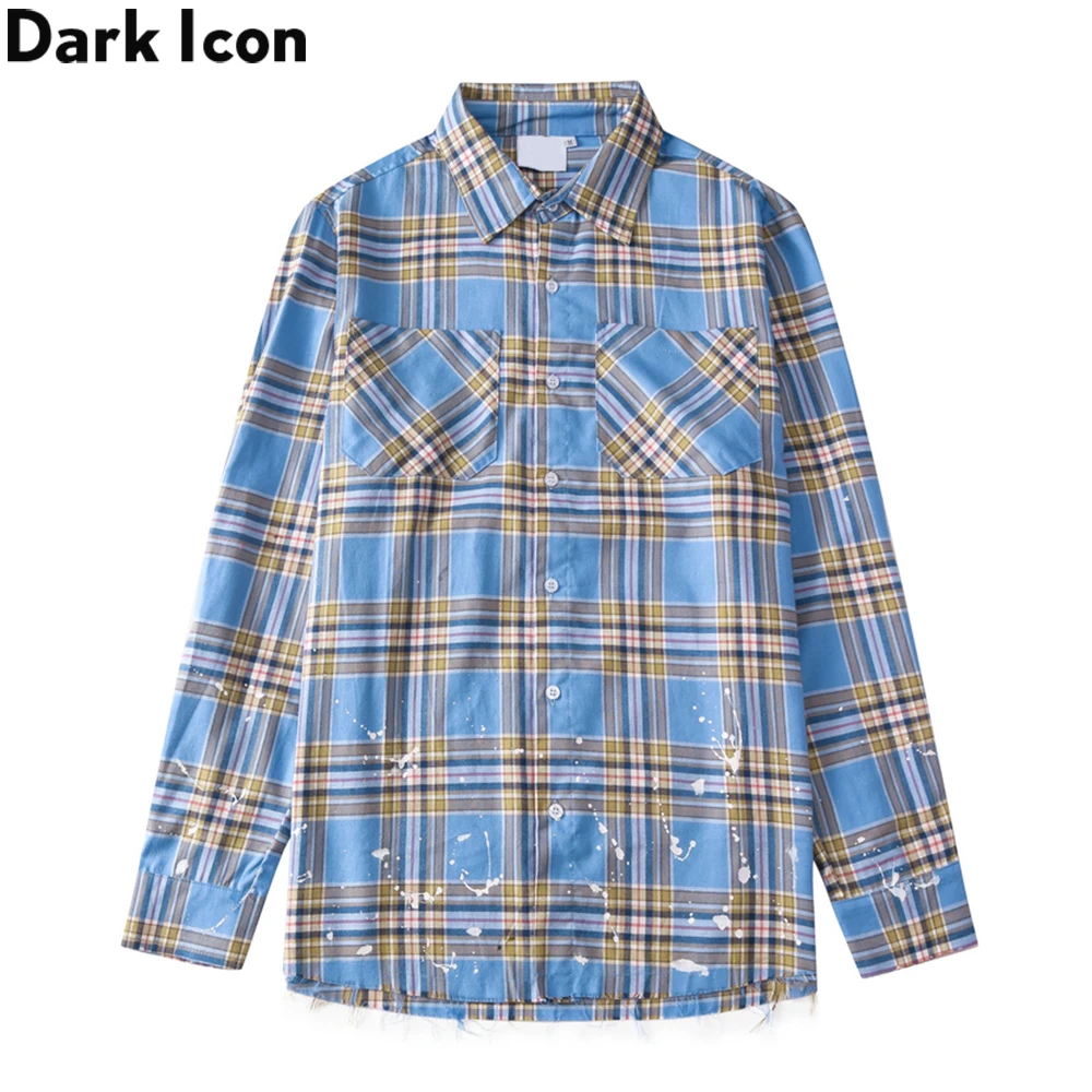 

Dark Icon Letters Embroidery Pocket Plaid Shirt Men Turn-down Collar Long Sleeved Shirts for Man Checkered Shirts