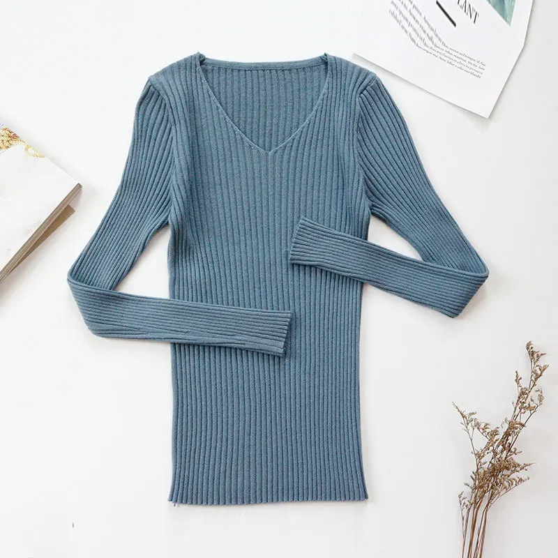 

Shyloli Sexy V-neck Striped Pullover Sweater Women Casual Long Sleeve Loose Knitted Sweater Basic Plus Size 2020 New Slim Fit