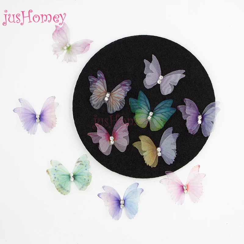 Mariposas de Organza irregulares de doble capa con diamantes de imitaci&oacute;n, accesorio de mariposa hecho a mano para boda, fabricaci&oacute;n de joyas DIY, 3cm, 100 Uds.-2