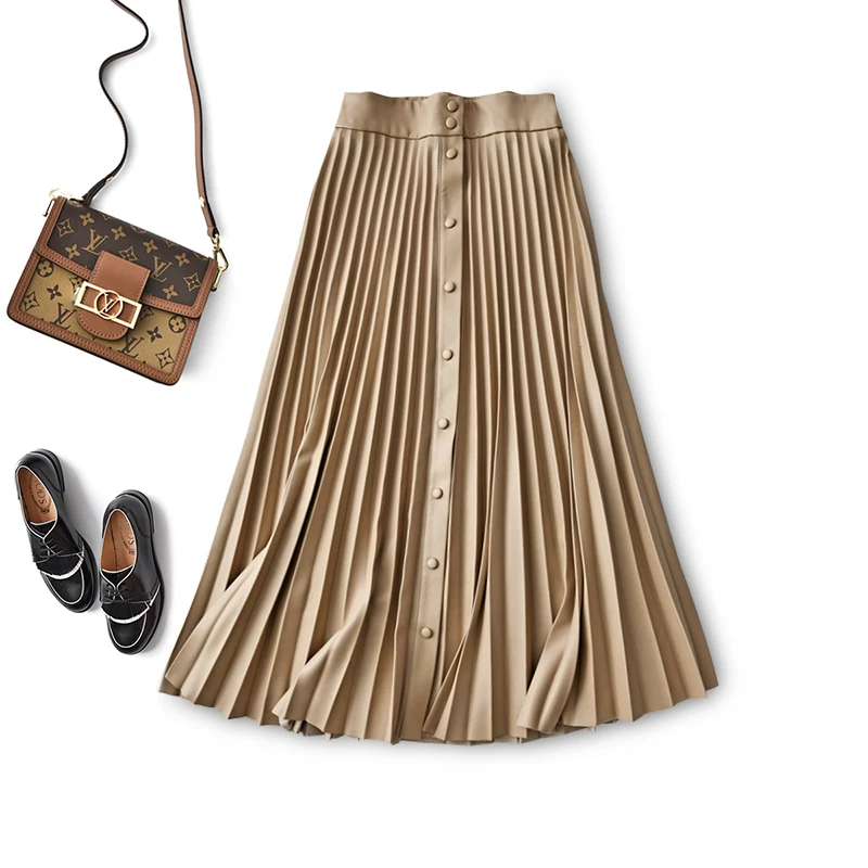 

Женские длинные юбки SHUCHAN из искусственной кожи, плиссированные юбки на пуговицах длиной до щиколотки с высокой талией, женские зимние юбки ...