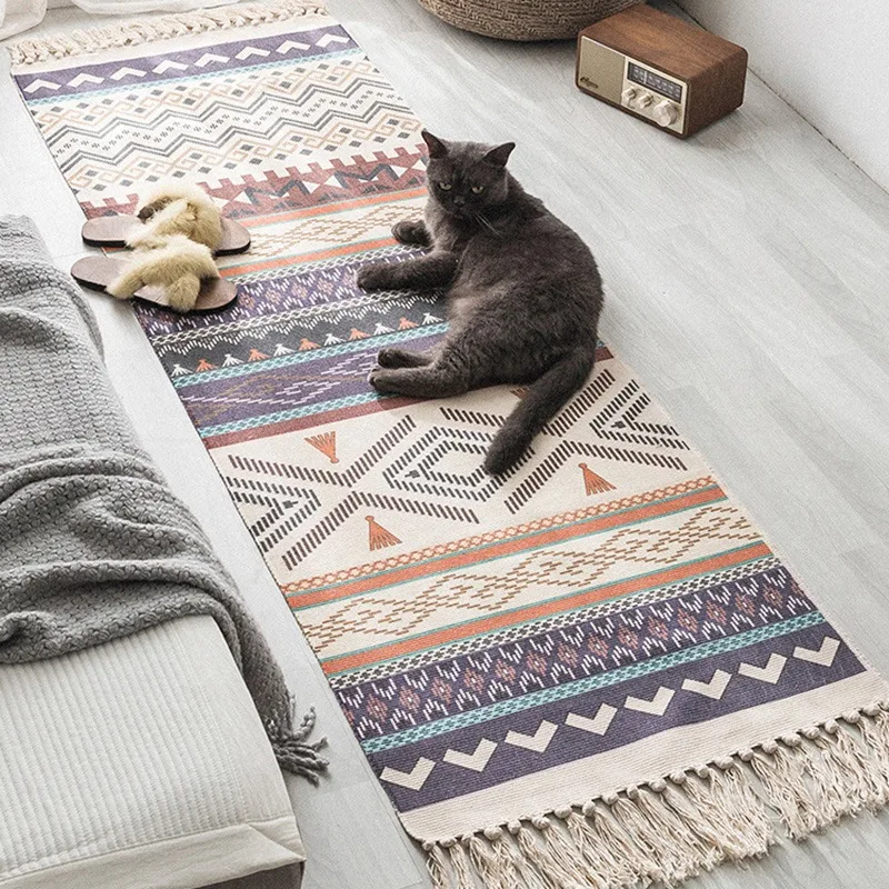 

Ethnic Style Cotton and Linen Bedroom Bedside Mats Long Floor Mats Living Room Sofa Carpet Mats Machine Washable