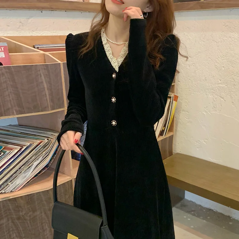 

Woman Dress 2021 Korean Fashion Elegant Sweet Lace V-neck Stitching Single-breasted Velvet Long Dresses with Waist Pit Vestidos